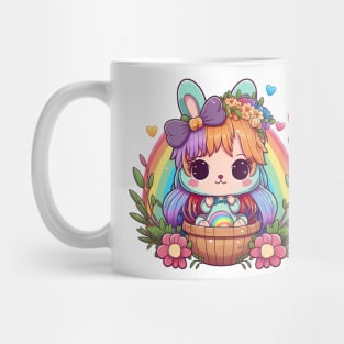 Anime Easter Bunny Girl In Basket. Spring Flowers and Easter Eggs, Rainbow Mug